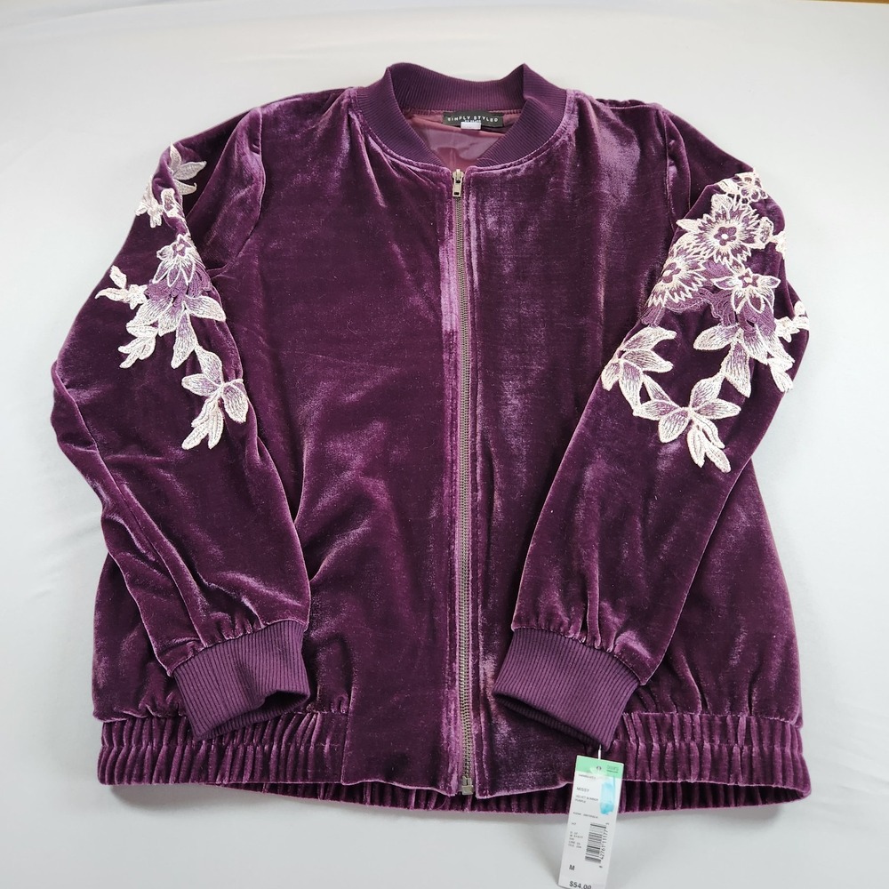 Simply Styled Sears Women Purple Velvet Bomber Jacket Zip Size M Embroidered NWT